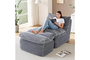 COLAMY Bean Bag Chair with Ottoman, No-Assembly-Required Lazy Floor Sofa Bed, Comfy Back Support Chaise Lounge Chair, Single Sofa Chair for Living Room Bedroom Office Apartment, Grey