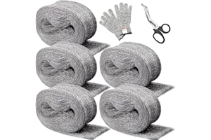 Meff-Mluk 5 Pack Steel Wool Mice, 15 Meter Ultra Fine Steel Wool 0000 Coarse Wire Wool Gaps Blocker with Gloves, Scissors for Keeps Mice & Rodents Away, Removing Paint, Varnish, Rust (3m/Roll) x 5