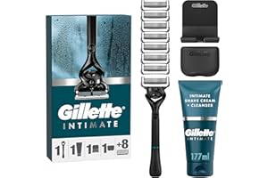 ‎GILLETTE Gillette Intimate Rasierset für Männer, Nassrasierer Herren — Inkl. 8 Rasierklingen + 2in1 Rasier und Duschcreme für den Intimbereich (177 ml) + Inklusive Duschhalterung & Reiseetui