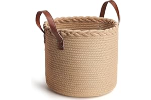 CAFETEE PANIER DE RANGEMENT COTON BLANC MOTIF TRESSE ET ANSES MARRON RIVETEES POUR DRESSING RANGEMENT DECORATION (Marron, 26x30 cm)