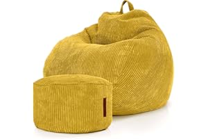 Green Bean© Set da 2 Poltrona a sacco XXL da interno + Pouf con imbottitura in perle EPS - Poggiapiedi Sgabello Cuscino per pavimento Sedia Cuscino per sdraiarsi sedersi - Giallo