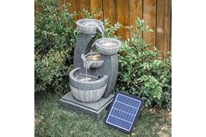 BTGGG Garden Water Feature Decorate Cascading Tiered Water Fountain Pump Waterfall with LED Lights Indoor/Outdoor, Solar Powered, 4 Bowls Waterfall