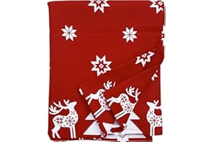 Ragged Rose Christmas Table Cloth - Festive Linen Tablecloth with Nordic Style Prints for Living Room & Kitchen - Cotton Tablecloth That Fits a 6-7 Ft Table - Red Christmas Star Print