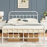 Yaheetech Metal Double Bed with Headboard for Mattress 140 x 200 cm White | Metal Bed Frame with Storage Space Simple Modern