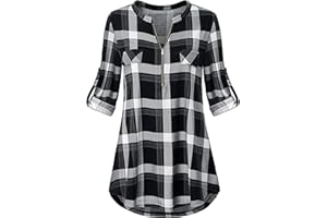 Odosalii Women's Plaid Tunic Blouse with Zip Up V Neck and Floral Print, Long/Short Sleeve Polo Top