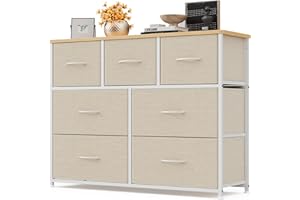 Xbro Cajonera de Tela, Cajonera con 7 Cajones de Tela, Cómoda de Tela Dormitorio con Tapa de Madera, Cajonera Dormitorio Pasillo, Cajonera Pasillo Mueble para Cocina Oficina Pasillo Dormitorio (Beige)