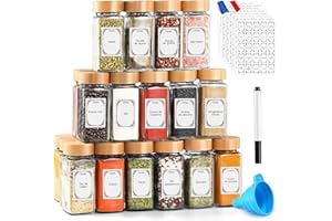 TUSEASY Pot à Épices en Verre et Bois avec Etiquette Épices Francais, 24 Pièces 120ml Bocaux à Épices avec Couvercle en Bambou Hermétique, Boite Epices pour Rangement de Épices Cuisine
