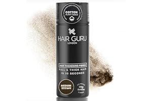 Hair Guru London Hair Fibres - 28g Bottle - Instant Thickening Cotton Hair Fibres - Covers Bald Spots and Thinning Hair - Waterproof Hair Powder Concealer - Unisex - Medium Brown