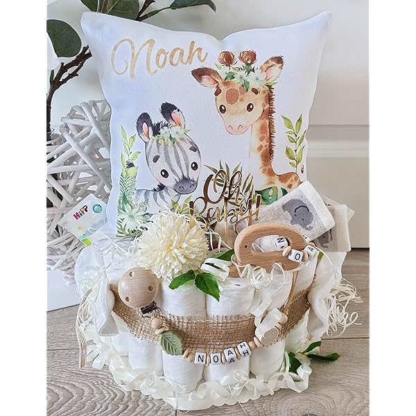 Persönliche Windeltorte Mit Namen – Geschenkset Zur Geburt Mit Kuschelkissen & Schnullerkette