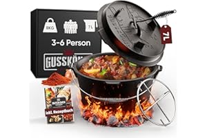 ‎GUSSKÖNIG GUSSKÖNIG Dutch Oven Set 7 Liter [für 3–6 Person] – Eingebrannter Feuertopf ohne Füße, inkl. praktischem Deckelheber, Edelstahl-Untersetzer, Ringreiniger, Pflegepaste & Rezeptbuch – 30 Jahre Garantie
