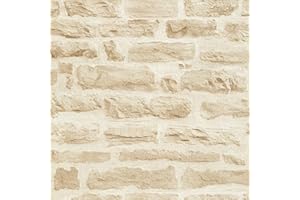 BRICOFLOR Papier peint beige clair imitation fausse brique | Tapisserie tendance beige imitation pierre | Papier peint trompe l'oeil pour couloir
