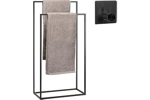 Smartpeas Toallero De Pie para Baño De Acero Inoxidable con Recubrimiento De Polvo – Negro – Toalleros De Baño De Pie con 2 Brazos +Más Gancho Adhesivo