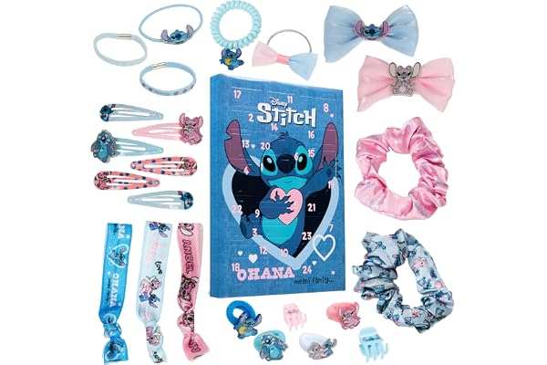 Disney Stitch Calendrier de l'Avent 2025 Fille Ado Compte à Rebours Noel 24 Surprises Cheveux Accessoires Kawaii Élastiques Chouchous Cadeau Fille (Bleu)