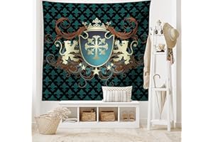 ABAKUHAUS Médiéval Tapisserie, Moyen Age Armoiries, Décoration Murale en Tissu pour la Chambre à Coucher Le Salon Le dortoir, 150 cm X 110 cm, Teal Noir