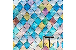 Conkov Fensterfolie Sichtschutzfolie mit Regenbogeneffekt, Elektrostatische Adsorption, Keine Klebeverbindung, Dekorfolie für Wohnzimmer Küche Büro, Farbiger Rhombus, 44,5 x 200 cm mit Werkzeug