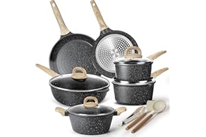 Terlulu Induction Hob Pots and Pans Set - 13pcs Nonstick Cooking Pans Set, Black Granite Cookware Set with Lid, Non Stick Saucepan Set, Frying Pan Set, PFAS PTFE PFOA PFOS Free