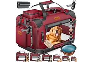 Lovpet® Boîte de transport pliable pour chien avec gamelle + 45 sacs à déjections canines, M, 60 x 42 x 42 cm, sac de transport pour animaux de compagnie, chiens et chats - Bordeaux / Rouge