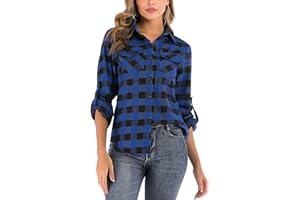 Enjoyoself Camisa Cuadros Mujer Franela 100% Algodón Camisa Leñador Blusas Basiccon Botones Camisetas Cuello en V Manga Larga Casual Oficina Básico Vintage Western
