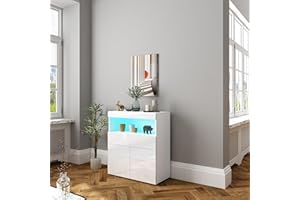 CXZVEWR High Gloss Sideboard, Living Room Cabinets with LED Lights, Modern Display Cabinet Storage Cupboard Unit with 2 Doors 1 Drawer 1 Open Shelf Home Furniture 80 * 35 * 90CM White