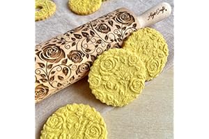 ROULEAU À PÂTISSERIE GRAVÉ en bois avec embossage avec des roses de Damas par Algis Crafts