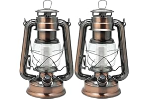 YAKii LED Vintage Lantern Metal Hanging Hurricane Lantern 12 LED Dimmer Switch Warm White Battery Operated Lantern Power Outage Indoor Camping Lighting Outdoor Lantern(Copper 2 Pack)