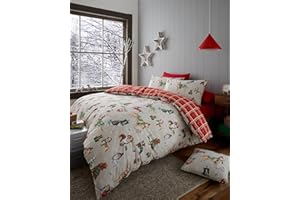 Happy Linen Company Christmas Dogs Taupe Natural Double Reversible Duvet Cover Bedding Set