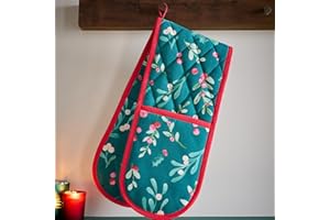 Catherine Lansfield Christmas Holly and Mistletoe Cotton Kitchen Double Oven Glove Green