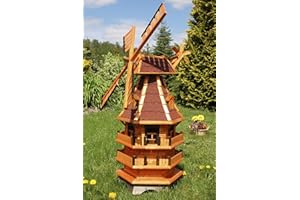 DEKO-SHOP-HANNUSCH Windmühle 3 stöckig kugelgelagert 1,40 m Bitum rot mit Beleuchtung Solar, Solarbeleuchtung, mit extra Windrad hinten am Kopf, imprägniert, Kugellager einstellbar