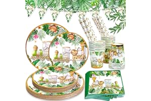 POWLYB Animali della Giungla Piatto Compleann 135 PCS Stoviglie Compleanno, Animali Giungla Stoviglie per Feste Animali Giungla, Compleanno e Feste a Tema Degli Animali Della Giungla