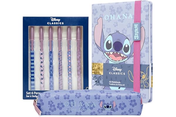 Disney Stitch Set de Fournitures Scolaires, Carnet Trousse & Stylo à Bille ou Crayons de Couleur Bloc notes et Accessoires Bureau et École (Bleu)