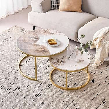 Lot De 2 Tables Basses Gigognes Rondes IBUYKE - Blanc Et Doré - Design Moderne