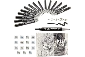 Girben Pantoni Pennarelli Ad Alcool - Set Grey 15 Pennarelli Professionali da Disegno, Marker Punta Pennello, a Rapida Asciugatura, Pantoni Pennarelli di Alta Qualità