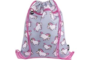 Fringoo - Kids Drawstring Bag - Front Zipped Pocket - Large Capacity Drawstring Bag - PE Bag - School - Gym - Swim - Pastel Chubby Unicorn Design