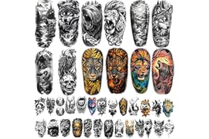 ATYDKUG 77 Tatouages Temporaires Animaux Forestiers, 17 Grands Lions Tigres Loups Bras Demi longueur, 60 Mini Crânes Hiboux Ours Réalistes pour Adultes Enfants