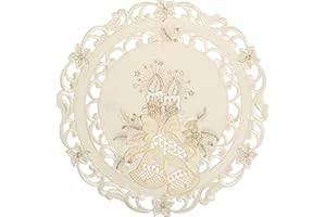 QUINNYSHOP Bezaubernder Weihnachten Tischläufer/Tischdeckchen Creme-Weiß mit Gold Kerzen Glocken Stickerei - Größe wählbar (ca. 30 cm Rund)