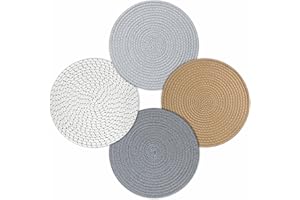 fanquare Placemats Set of 4, Round Cotton Braided Place Mats, Non-slip Washable Heat Resistant Table Mats Coaster Dinner Table Kitchen(Linen,grey,light grey,grey point,30cm)