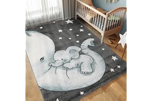 ‎CARPETTEX TEPPICH Carpettex Children's Rug Elephant Design Blue 80 x 150 cm Runner - Short Pile Rug Children's Room for Girls and Boys Easy Care Soft - Washable Play Mat Baby Rug Gaming Rug Baby Room