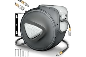 TRESKO® Carrete de Manguera de Aire Comprimido de 30 m | Conector de 1/4" | Enrollador de Manguera Automático | con Soporte para Pared | Rotación de 180° | Tope Final Ajustable, Gris