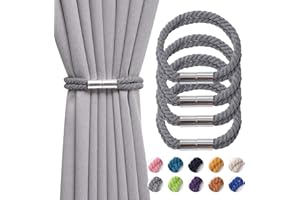 Pretty Jolly 4 Pack Strong Magnetic Curtain Tiebacks Boho Decoration Drape Tie Backs Natural Cotton Handmade Double Rope Curtain Holdbacks for Thin or Thick Home & Office Window Drapery (Grey)
