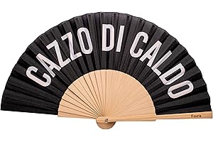 Fisura - Éventail original avec message en italien "c*zzo di caldo". Éventail moderne et amusant en bois. Éventail pliant noir et blanc. Mesures : 42,5 x 23 cm. Bois et textile.