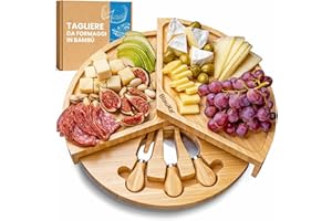 Tagliere per Formaggi e Set di Coltelli per Formaggio – Tagliere in Legno per Aperitivo o Salumi – Set Aperitivo Accessori – Vassoio da Portata Girevole in Bamboo 37cm – Idee Regalo - BlauKe®