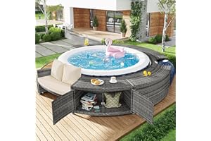 KecDuey Gartenmöbel-Sets,Umrandung mit Stauraum und Sitz für Whirlpool Spa Schwimmbecken Poolumrandung Poly Rattan Grau Hartholz Rund Pulverbeschichteter Stahl