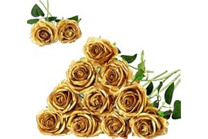 Floralsecret 12 Pcs Artificial Silk Roses Flower Bouquet Faux Flowers Home Wedding Party Decor(Gold)