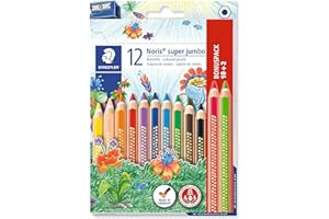 ‎STAEDTLER STAEDTLER Buntstift Noris super jumbo, erhöhte Bruchfestigkeit, Sechskantform, ABS-System, attraktive Sternchenprägung, Set mit 12 brillanten Farben und einem Spitzer, 129 NC12P1, 12 Stück (1er Pack)