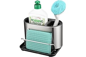 Bingobang Sink Caddy Tidy Stainless Steel,Kitchen Sink Cleaning Organiser with Sponge Holder,Removable Drip Tray,Sliver & Black