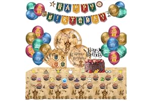WXMCX Wizard Partygeschirr Kindergeburtstag Set, Harry Magischer Geburtstags Deko, Potter Partyzubehör Wizard Kindergeburtstag Pappteller Servietten Tischdecke Banner Luftballons Tortendeko -10 Gäste