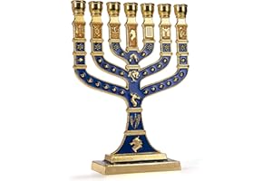 JL Kippha's Candelabro Azul y Dorado Decorativo Menorah 7 Branch Hanukkah Israel