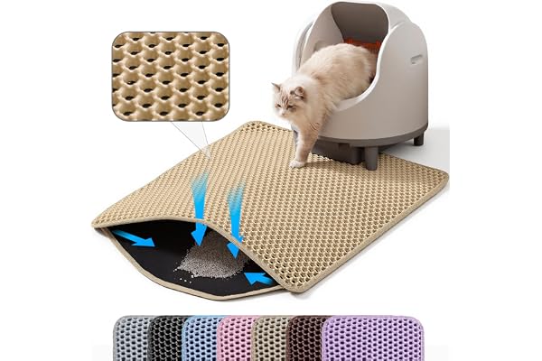 Petinstinct Tapis pour Litière de Chat, 60x45 cm Grand Tapis à Double Couche en Nid d’Abeille pour Piéger la Litière, Tapis de Bac à Litière Antidérapant Imperméable et Anti-Urine pour Sol, Beige