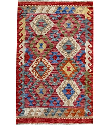 Tapis Kilim Artisanal En Laine Fait Main - Modèle 4, Vert, Décoration Bohème Noël