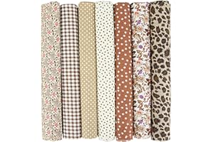 EXGOING 7pcs Fat Quarters Fabric Bundles - 20"x20" Precut Easter & Spring Quilting Cotton for Sewing, Patchwork, DIY Crafts & Home Décor - Soft, Durable & Multi-Colour Material (Brown)